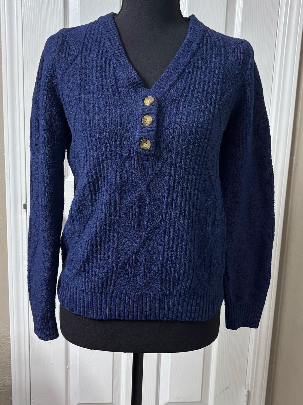 St. John's Bay Navy V-Neck Cable Knit Sweater with Three Buttons - Picture 1 of 7